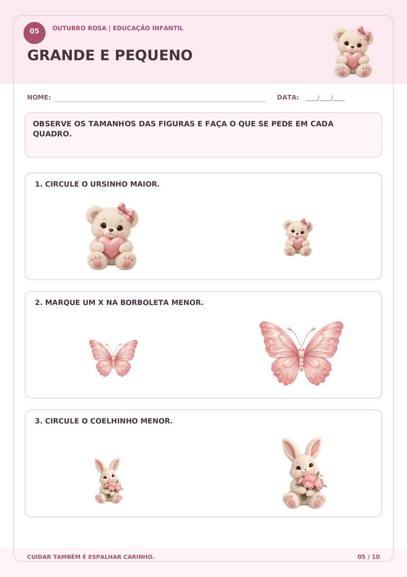 Atividade de grande e pequeno Outubro Rosa com ursinhos, borboletas e coelhinhos
